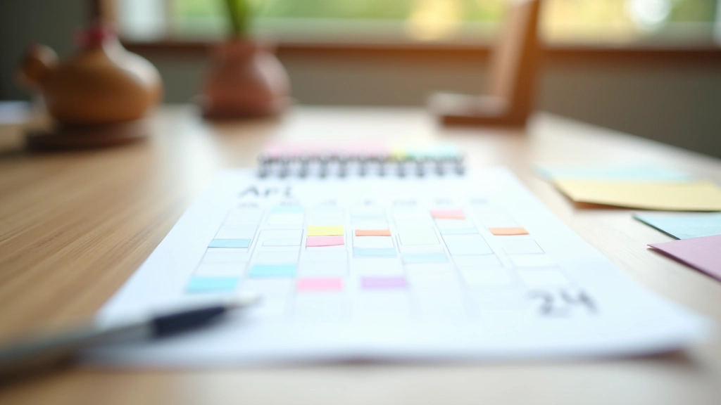 Calendar view on wooden desk showing April and May dates with cultural event stickers and markers