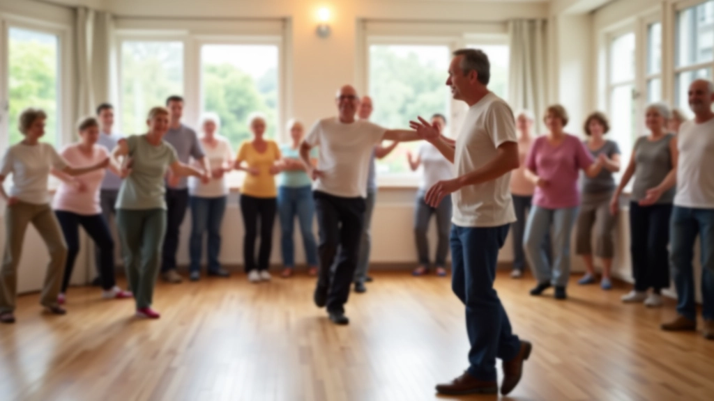 Group of senior students in a dance studio, standing in rows learning basic footwork from an instructor at the front, natural light from windows