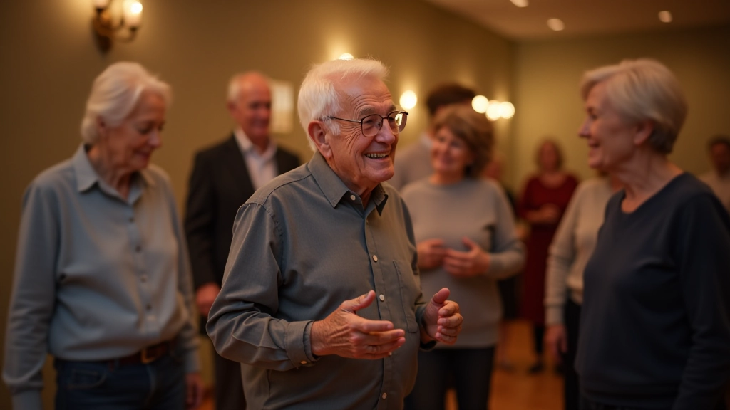 Diverse group of older adults chatting and laughing together at a Prague dance venue, building community connections