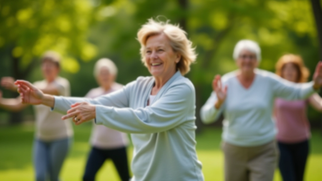 Group of senior adults participating in outdoor fitness class in a park, smiling and engaged, morning sunlight