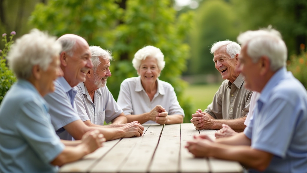 Outdoor gathering of seniors at picnic table in community garden setting, laughing and socializing
