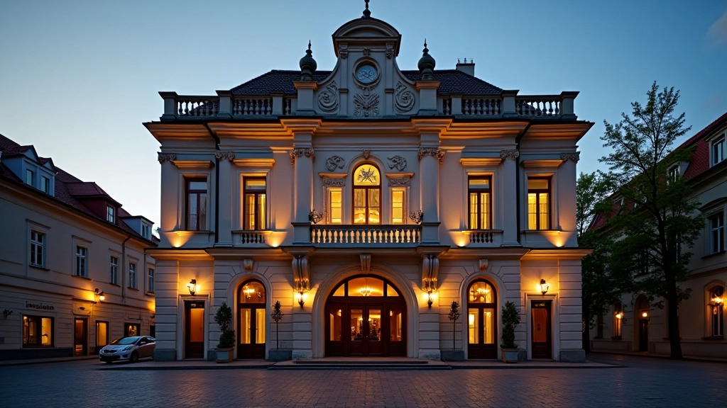 Historic Brno theater building facade with elegant architecture and evening illumination
