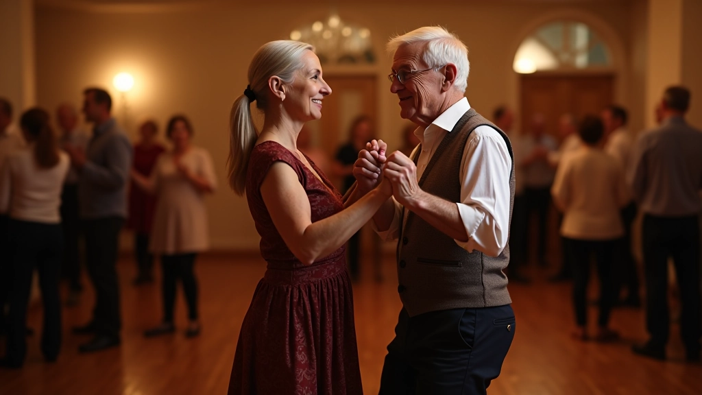 Older couple dancing together at a community social event in Prague, smiling and enjoying music