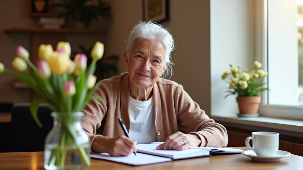 Person writing in a planner notebook at a café table with coffee and spring flowers in background